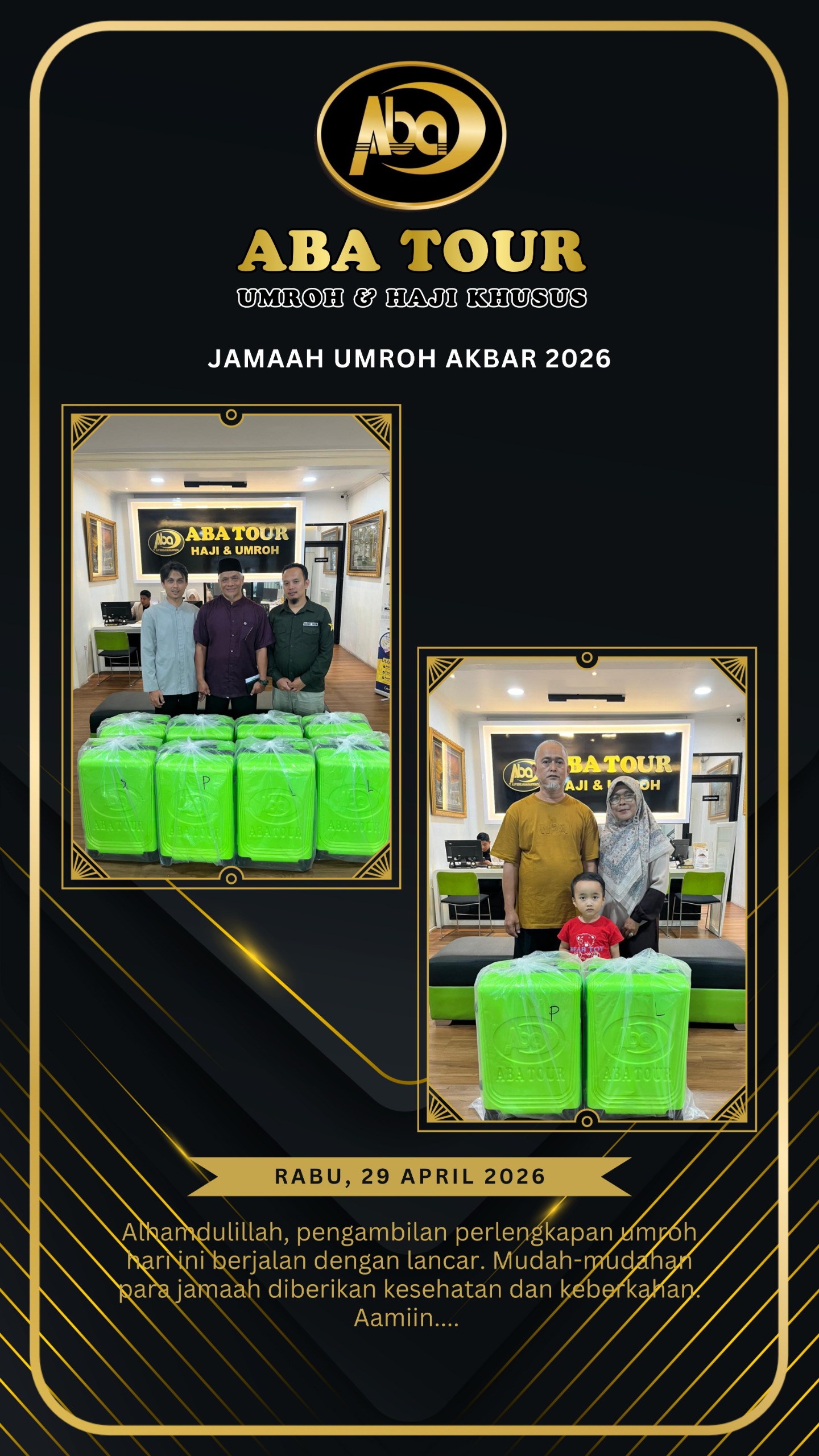 Masyaallah berikut dokumentasi pengambilan perlengkapan umroh Akbar 2026, Tanggal 29 April 2026 🥰